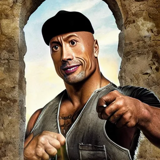 Image similar to dwayne johnson dressed as an electrician planting peas in ancient rome, portrait