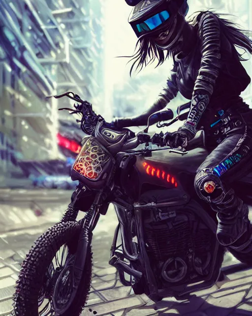 Prompt: cool girl wearing cyberpunk intricate streetwear riding dirt bike, beautiful, detailed portrait, cell shaded, 4 k, concept art, by wlop, ilya kuvshinov, artgerm, krenz cushart, greg rutkowski, pixiv. cinematic dramatic atmosphere, sharp focus, volumetric lighting, cinematic lighting, studio quality