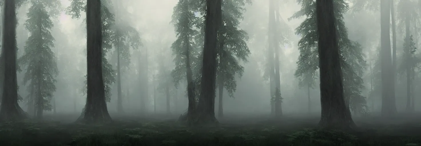 Image similar to A forest with big trees and fog by paul chadeisson, cinematic lighting, extremely detailed, ultra realistic, trending on artstation, 8K