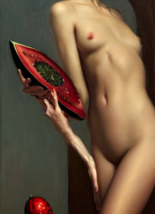 Image similar to highly detailed oil painting of rupert murdoch wearing a bikini | very intricate | cinematic lighting | award - winning | watermelon kimono fashion by alexander mcqueen | by roberto ferri, by tom bagshaw, by j. c. leyendecker and klimt, american romanticism, by austin osman spare, artstation, cgsociety, official art, octane