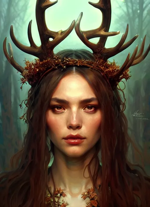 Image similar to portrait of shaman beautiful girl, intrigante, ¨ hedgear with antlers and bone parts, headshot, highly detailed, digital painting, artstation, concept art, sharp focus, cinematic lighting, illustration, art by artgerm and greg rutkowski, alphonse mucha, cgsociety