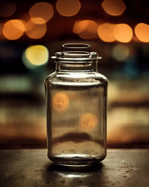 Prompt: glass jar with a dark stormy sea inside, bokeh, dramatic lighting, hyperrealistic, highly detailed