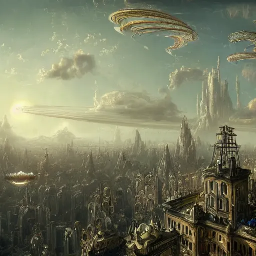 Image similar to enormous flying city in a faberge egg, sky, steampunk, fantasy art, masterpiece, hugh ferriss, unreal engine, andreas achenbach cloudy background, latticework