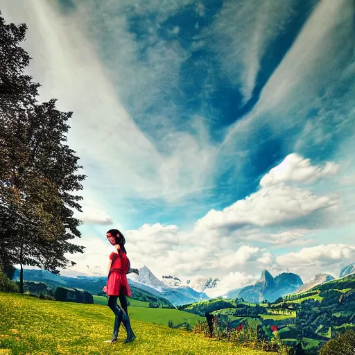 Image similar to a beautiful photograph of a girl with switzerland landscape in the background with trees, hdr, 8 k, high quality, sharp focus, artstation, highly detailed, award - winning, dramatic lighting, beautiful clouds, and nature