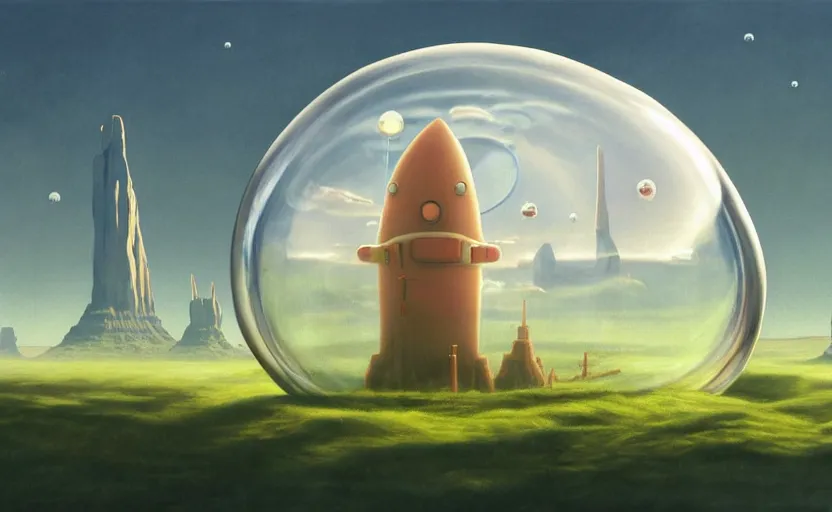 Image similar to a scary hyperrealist painting of a rocketship in a giant transparent cubic bubble from howl's moving castle ( 2 0 0 4 ) in a flooded monument valley stonehenge jungle. depth perception, 4 k, artstation, in the style of studio ghibli