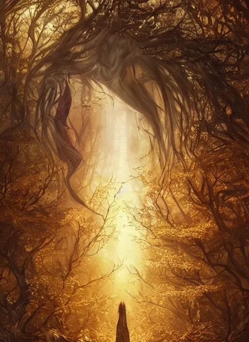 Image similar to golden forest at background, creative!!! composition for a book cover, absurdly beautiful, ultrafine hyperrealistic detailed old witch face by wlop and artgerm and greg rutkowski, intricate linework, sharp focus, smooth, octopath traveler, final fantasy, unreal engine, dramatic lighting, ethereal, 8 k