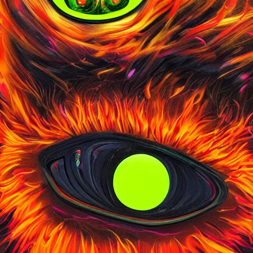 Image similar to a tennis ball monster starring into the camera, fixed eyes, flowing black coat with glowing neon orange trim, inside a museum, colorful, surreal, dramatic lighting, face, detailed, intricate, elegant, highly detailed, digital painting, artstation, concept art, smooth, sharp focus, illustration, art by sam spratt, dan mumford, artem demura and alphonse mucha