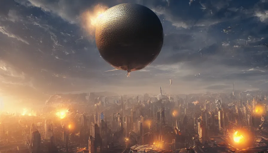 Image similar to giant metallic sphere falling to the sky and destroying city, hyperdetailed, artstation, cgsociety, 8 k