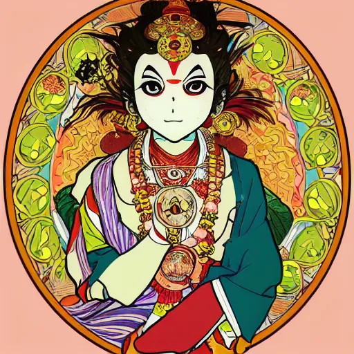 Image similar to anime manga style kathakali illustration style by Alphonse Mucha and Takashi Murakami pop art nouveau