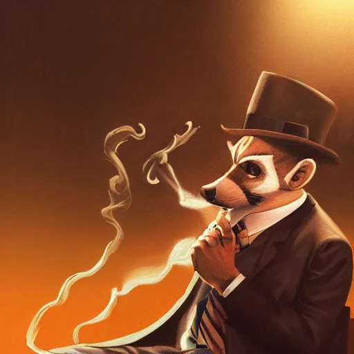 Image similar to a racoon wearing a suit smoking a cigar, dramatic lighting, cinematic, establishing shot, extremly high detail, photorealistic, cinematic lighting, artstation, style by James Gurney