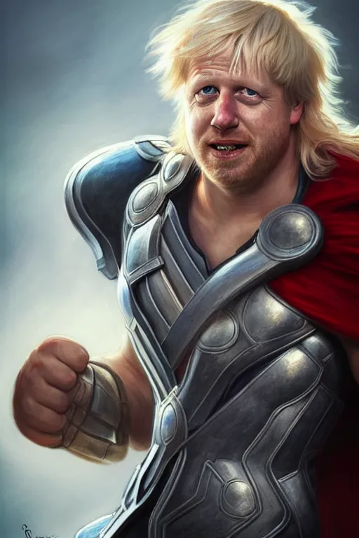 Image similar to Boris Johnson as Thor, Boris Johnson hairstyle, masculine figure, highly detailed, digital painting, artstation, concept art, smooth, sharp focus, illustration, cinematic lighting, art by artgerm and greg rutkowski and alphonse mucha