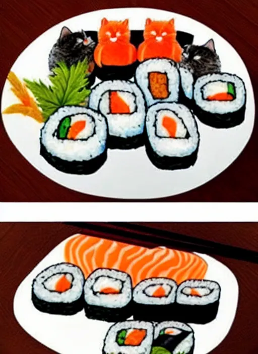 Image similar to clear photorealistic picture of adorable cats made out of sushi