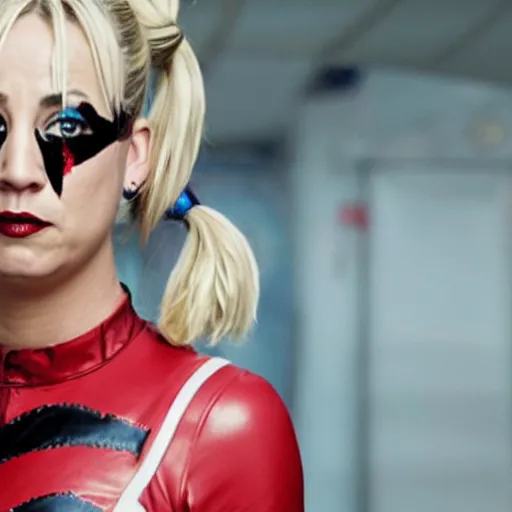 Image similar to A still of Kaley Cuoco as Harley Quinn