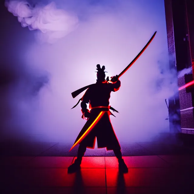 Image similar to cyber samurai fire dance slashing sword atomic, detailed bushido form smoke, fighting stance atomic energy, shibuya prefecture, cinematic neon uplighting, fog mist smoke, photorealistic, night photography by tomino - sama