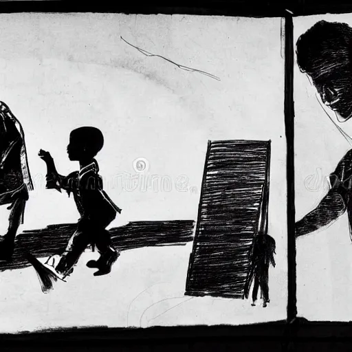 Prompt: award winning william kentridge drawing of a south african boy dashing home across a childrens story illustration urban township landscape, to save his little brother, who is accidentally playing with parafin