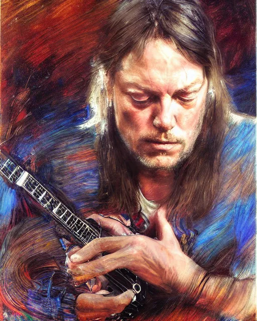 Image similar to david gilmour age 3 2 looking down dramatic expression, psychedelic plein air portrait painting by richard schmid, thomas moran, john william waterhouse, studio ghibli, donato giancola,