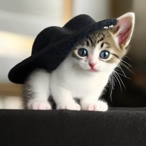 Prompt: a photograph of a kitten wearing a small homburg hat