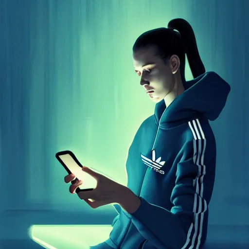 Image similar to portrait of attractive slav heroine wearing an addidas tracksuit with a phone in hand. illuminated phone screen, slav building backrounds, by greg rutkowski and wlop, detailed, cinematic, 8 k, intricate, rule of thirds.