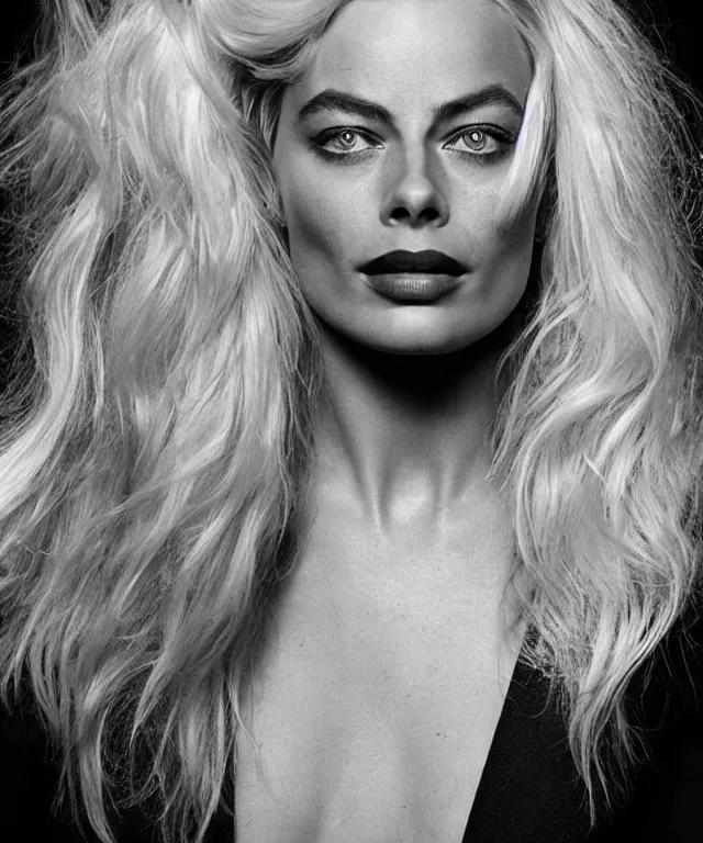 Image similar to a color photograph of margot robbie, by carrie mae weems, platinum blond, intense, bold, exaggerated, ultra sharp, extra details, ultra high quality, trending on pinteresst