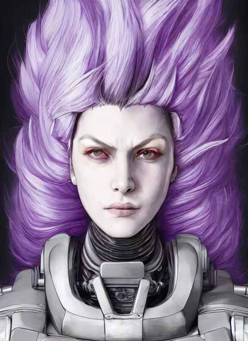 Image similar to close up portrait of a pale woman in sci - fi power armor with purple hair, powerful, domineering, stoic, masterful, intense, ultrafine hyperdetailed illustration by kim jung gi, irakli nadar, intricate linework, sharp focus, octopath traveler, yoji shinkawa, highly rendered, detailed, concept art