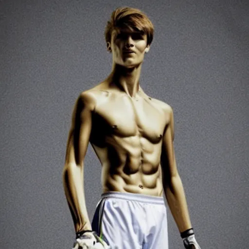 Image similar to a realistic detailed photo of a guy who is an attractive humanoid who is half robot and half humanoid, who is a male android, soccer player martin ødegaard, shiny skin, posing like a statue, blank stare, in a living room, on display, showing off his muscles