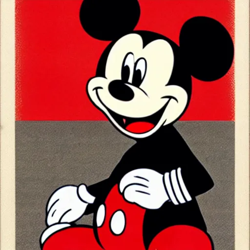 Image similar to mickey mouse in military uniform. art work. german ww 2 propaganda poster. red armband with disney symbol. dark, hyper realistic by barloe