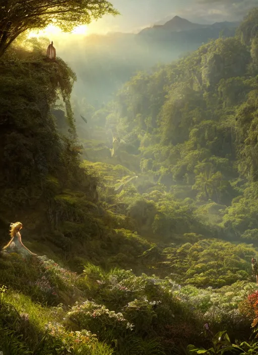 Image similar to in the distance an elegant fairy with wings of lace in a lord of the rings scenery landscape, a vast lush valley flowers and wood structures, stream, sunrise, god's rays highly detailed, vivid color, cinematic lighting, perfect composition, 8 k, gustave dore, derek zabrocki, greg rutkowski, belsinski, octane render