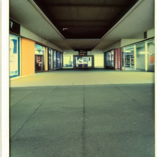 Image similar to polaroid photo of a empty mall in 80's, soft vinatge glow, nostalgic blurr
