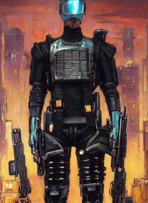 Prompt: Sgt Eliezer Grim. Menacing Cyberpunk policeman towering with robotic stilt legs and combat vest. (dystopian, police state, Cyberpunk 2077, bladerunner 2049). Iranian orientalist portrait by john william waterhouse and Edwin Longsden Long and Theodore Ralli and Nasreddine Dinet, oil on canvas. Cinematic, vivid colors, hyper realism, realistic proportions, dramatic lighting, high detail 4k