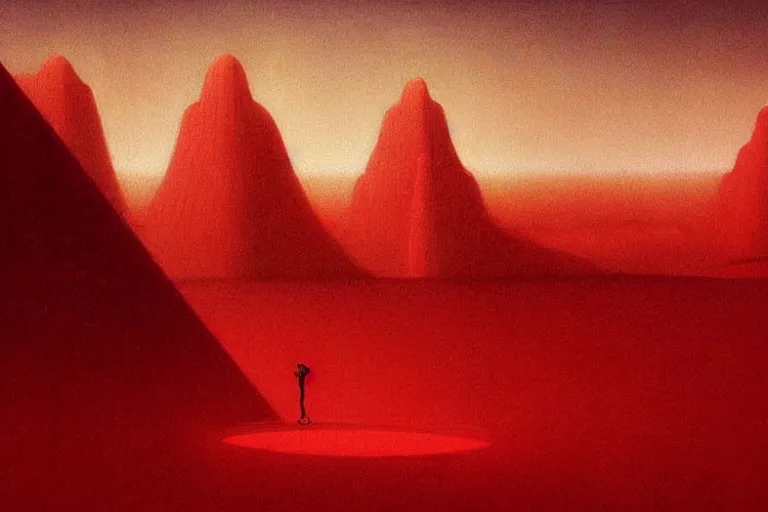 Image similar to only with red, a red god of death eat apple, a futuristic city on mars in background, floor are worms, in the style of beksinski, part by hopper, part by rodcenko, part by hofbauer, intricate composition, red by caravaggio, insanely quality, highly detailed, masterpiece, red light, artstation