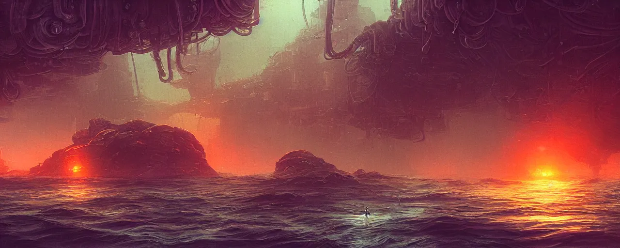 Image similar to ” underwater otherwordly landscape, [ cables, pods, deepsea, cinematic, detailed, epic, widescreen, opening, establishing, mattepainting, photorealistic, realistic textures, octane render, art by slop and paul lehr ] ”