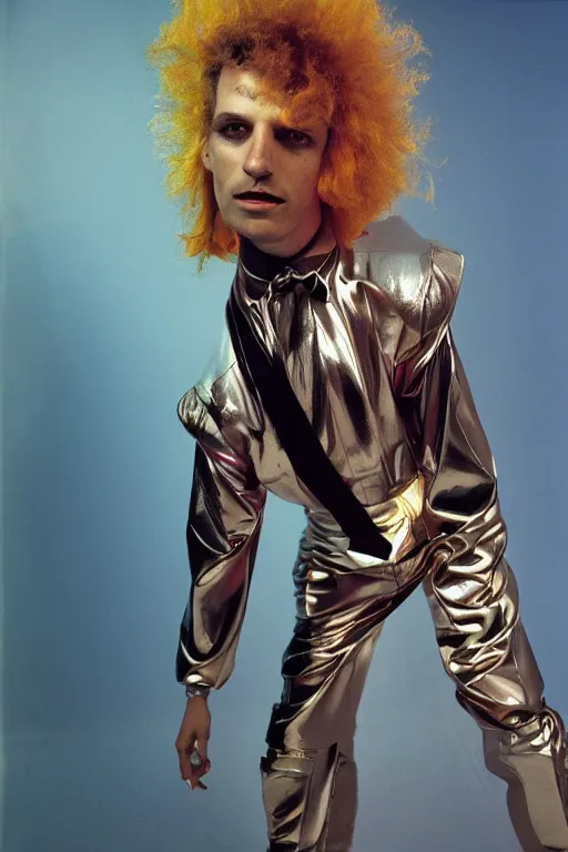 Image similar to portrait davis taylor brown dressed in 1 9 8 1 space fantasy fashion, new wave, shiny metal, standing in a desert