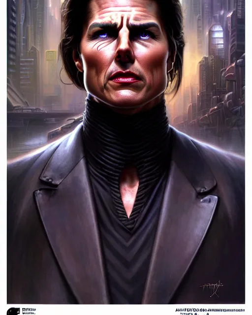 Image similar to front shot of a tom cruise cyberpunk criminal mastermind character, intricate, elegant, highly detailed, centered, (((artstation, concept art, smooth, sharp focus, artgerm, Tomasz Alen Kopera, Peter Mohrbacher, donato giancola, Joseph Christian Leyendecker, WLOP, Boris Vallejo))), mugshot!!!!!, ugly!!!!!!, octane render, nvidia raytracing demo, grainy, muted