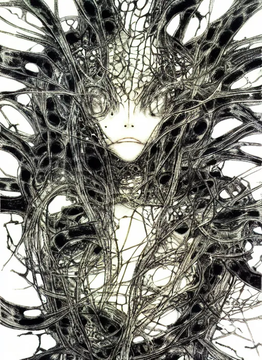 Image similar to portrait of yoshitaka amano's neural nightmare, stark composition