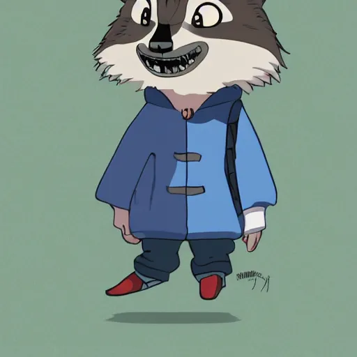 Image similar to anthropomorphic racoon, chibby, male, blue jacket in the style of studio ghibli