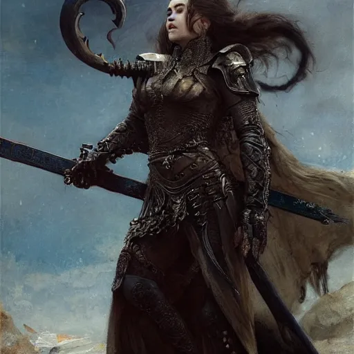 Prompt: emilia clarke, with short canines fangs, wearing dark black ornamented medieval armour, detailed, by gaston bussiere, bayard wu, greg rutkowski, giger, maxim verehin, greg rutkowski, masterpiece, sharp focus,