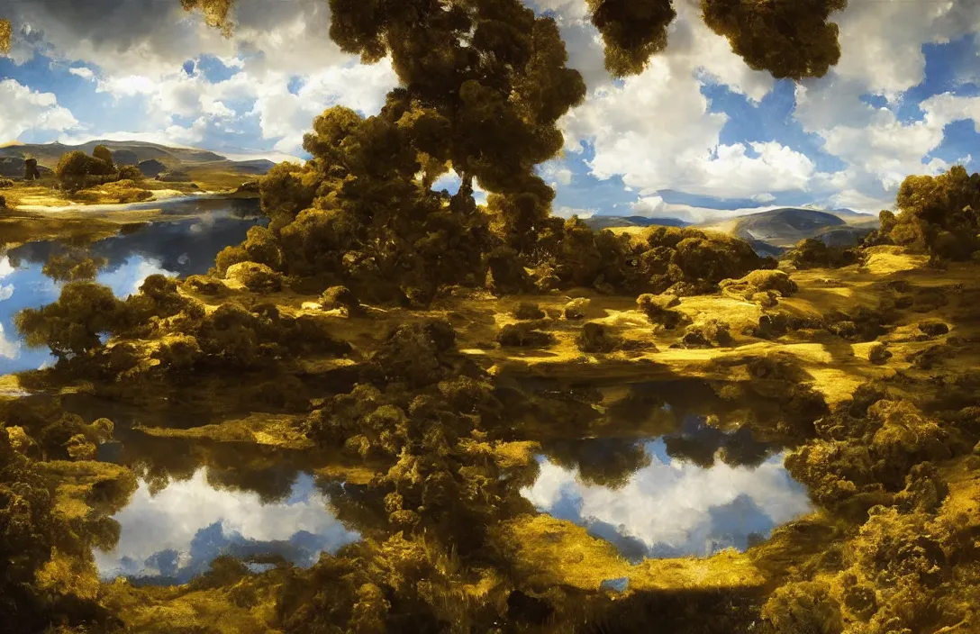 Image similar to a huge landscape with a clear sky in the middle a curvy river and small quiet lake and beautiful, john singer sargent, detailed dreamscape, hyperreal phantastic, intricate details in environment, golden ratio, high aestehtic, cinematic light dramatic light, lightrays, distance, photobash, wideangle, hyperreal 4 k