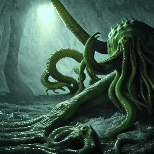 Image similar to full body pose, hyperrealistic photograph of the horror of cthulhu, dim volumetric lighting, 8 k, octane beautifully detailed render, extremely hyper detailed, intricate, epic composition, cinematic lighting, masterpiece, trending on artstation, very very detailed, stunning, hdr, smooth, sharp focus, high resolution, award, winning photo, dslr, 5 0 mm