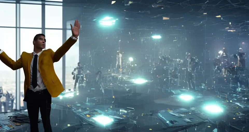 Image similar to Dramatic photo of a CEO waving to a large group of his coworkers in a futuristic office. Golden coins are levitating all around them. 8k, high detail, trending on Artstation, volumetric lighting, cyberpunk