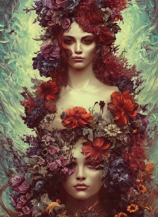 Prompt: portrait of the queen of the underworld, surrounded by flowers by karol bak, james jean, tom bagshaw, rococo, beautifuleyes!!, trending on artstation, cinematic lighting, hyper realism, octane render, 8 k, hyper detailed.