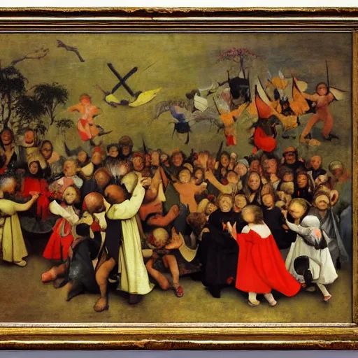 Prompt: children's choir of angels, by frank frazetta, by pieter bruegel the elder, canvas, fine art, hard edge painting, kinemacolor, black background