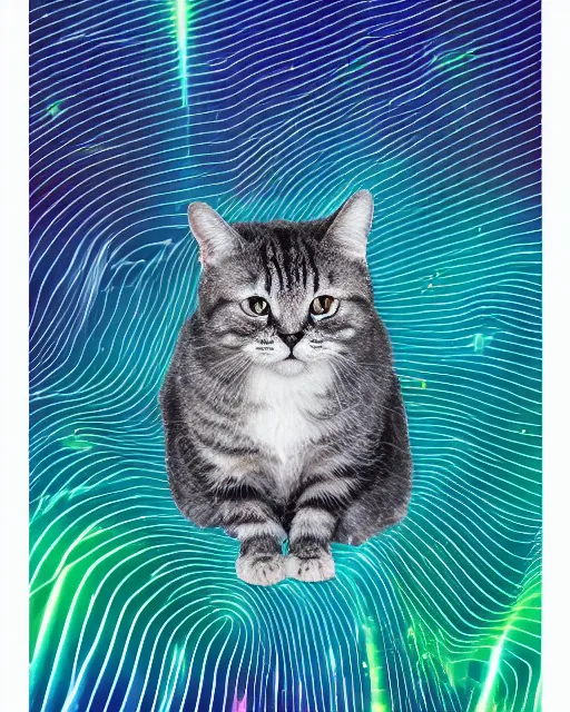 Prompt: highly detailed high resolution stacked plot of radio emissions from a pulsar, abstracted light refractions and stripy interference, making up a fluffy cat, silk screen t-shirt design 4K