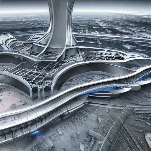 Image similar to sci-fi organic brutalism speed dynamic o x u shape airport structure view from above on the coronation of napoleon painting and digital billboard in the middle, unreal engine 5, keyshot, octane, artstation trending, ultra high detail, ultra realistic, cinematic, 8k, 16k, in style of zaha hadid, in style of photogrammetry point cloud, in plastic,dark, tilt shift,