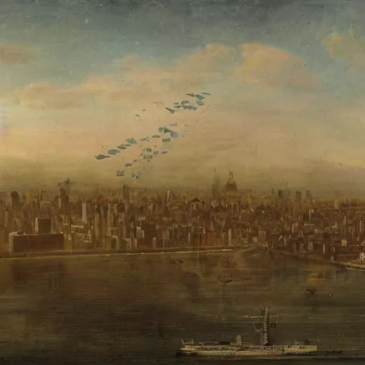 Image similar to a steamship suspended above a city skyline