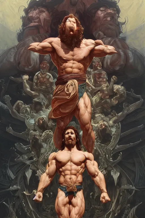 Prompt: hulking herculean ogre jesus christ, on the cross, masterpiece, intricate, elegant, highly detailed, digital painting, artstation, concept art, smooth, sharp focus, illustration, art by artgerm and greg rutkowski and alphonse mucha and uang guangjian and gil elvgren and sachin teng, symmetry!!