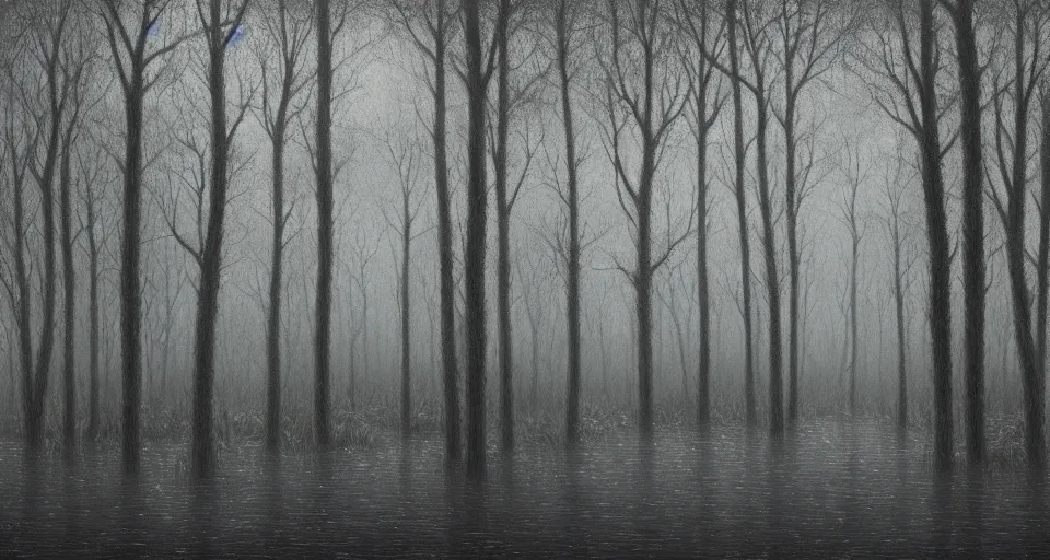 Image similar to A dense and dark enchanted forest with a swamp, by lee madgwick