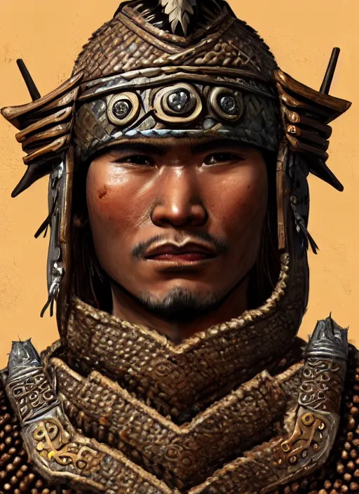 Prompt: tai warlord, closeup portrait, historical, ethnic group, traditional costume, bronze royal thai headset, leather shoulder armor, fantasy, intricate, with tai bronze artifacts, leather armor cross onbare chest, elegant, loin cloth, highly detailed, oill painting, artstation, concept art, matte, sharp focus, illustration, hearthstone, art by earl norem