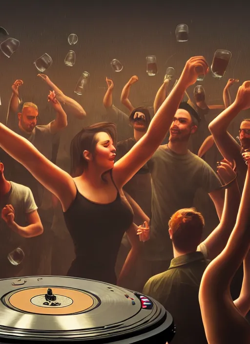 Prompt: image of group of people very drunk dancing chaotic and large technics dj table front of picture, beer bottles flying in the air, dark backround, highly detailed, digital illustration, trending in artstation, modern painting, smooth, sharp focus, intricate, einar jonsson and bouguereau