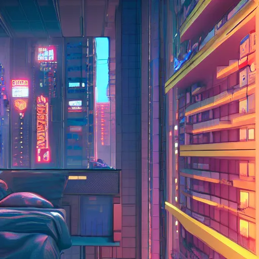 Prompt: the cyberpunk apartment, render, octane, 4k, highly detailed, vivid colors, high definition, by James Gilleard and Makoto Shinkai