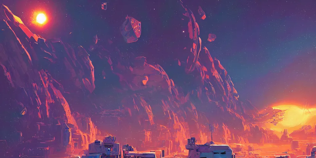 Image similar to a small asteroid mining village nestled in a space cave by alena aenami, petros afshar